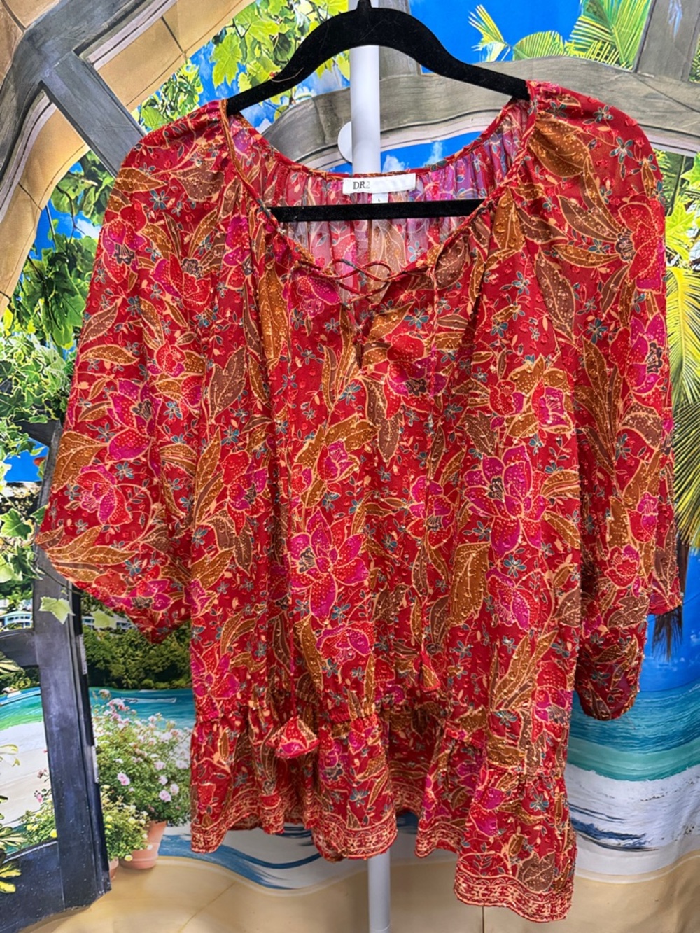 DR2 Red & Pink Floral Boho Peasant Top